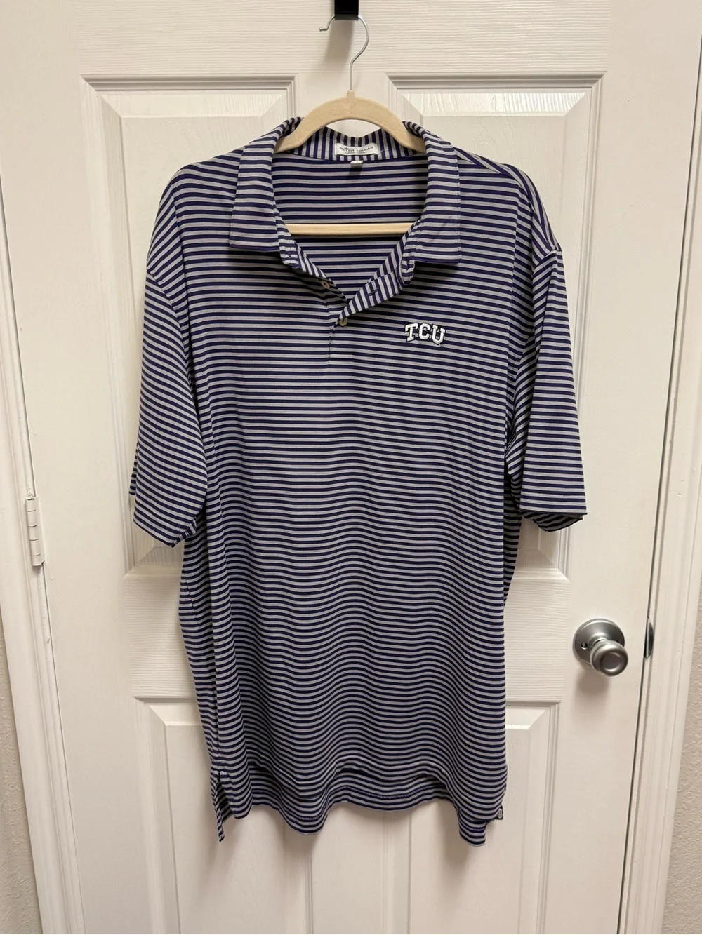 Peter Millar Purple and Grey Striped TCU Polo